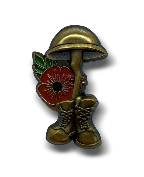 Vintage UK Military Soldier Army Helmet Boots Red Poppy Brooch Enamel Pin Badge