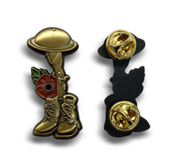 Gold World War Soldier Helmet Boot Red Poppy Enamel Pin Badge Brooch
